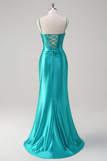 Peacock Mermaid Corset Spaghetti Straps Long Formal Dress with Slit